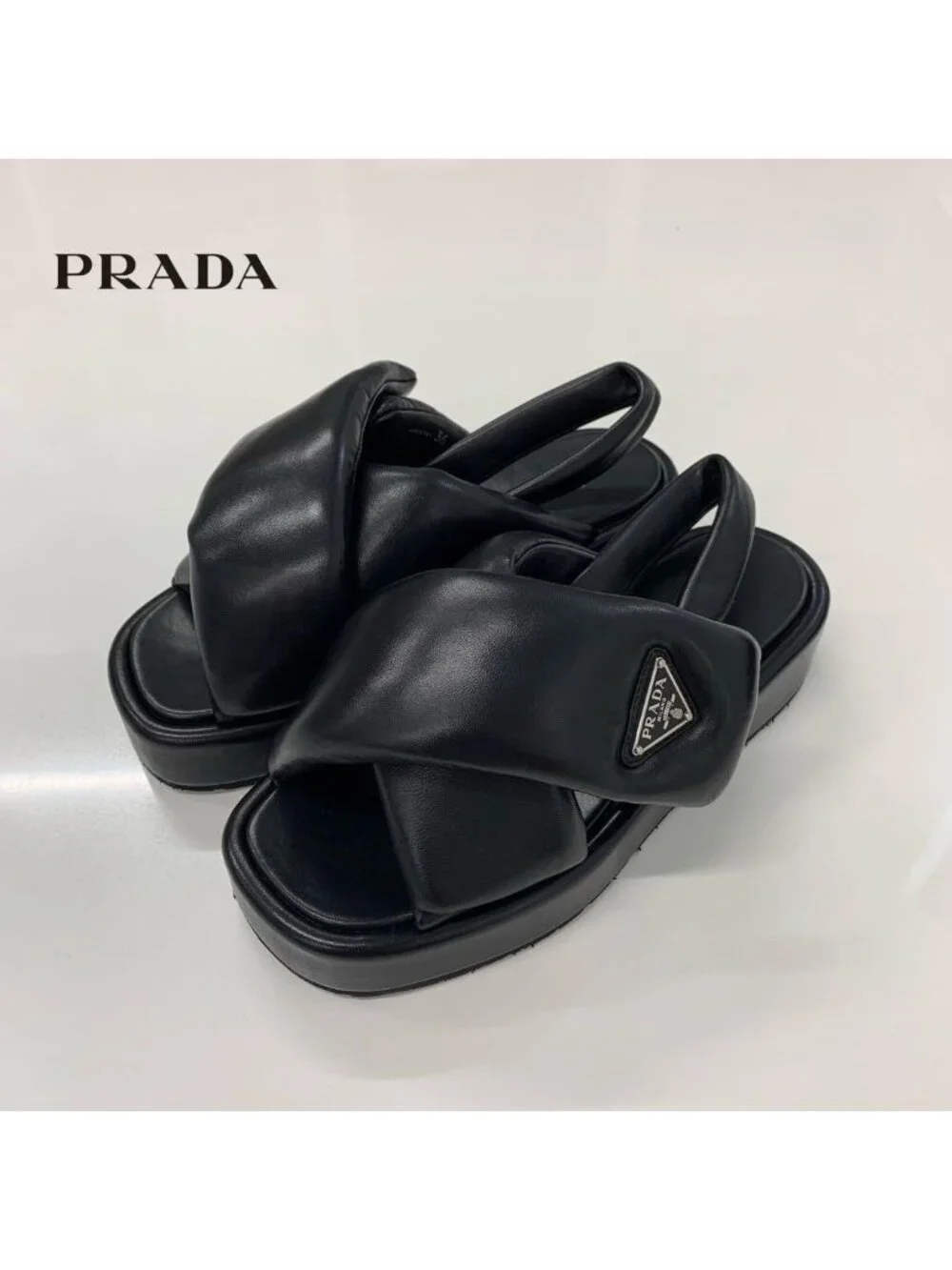 Prada Logo Padded Nappa Leather Platform Sandals Black